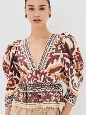 Farm Rio Toucans Scarf Cream Puffed Sleeve Blouse M